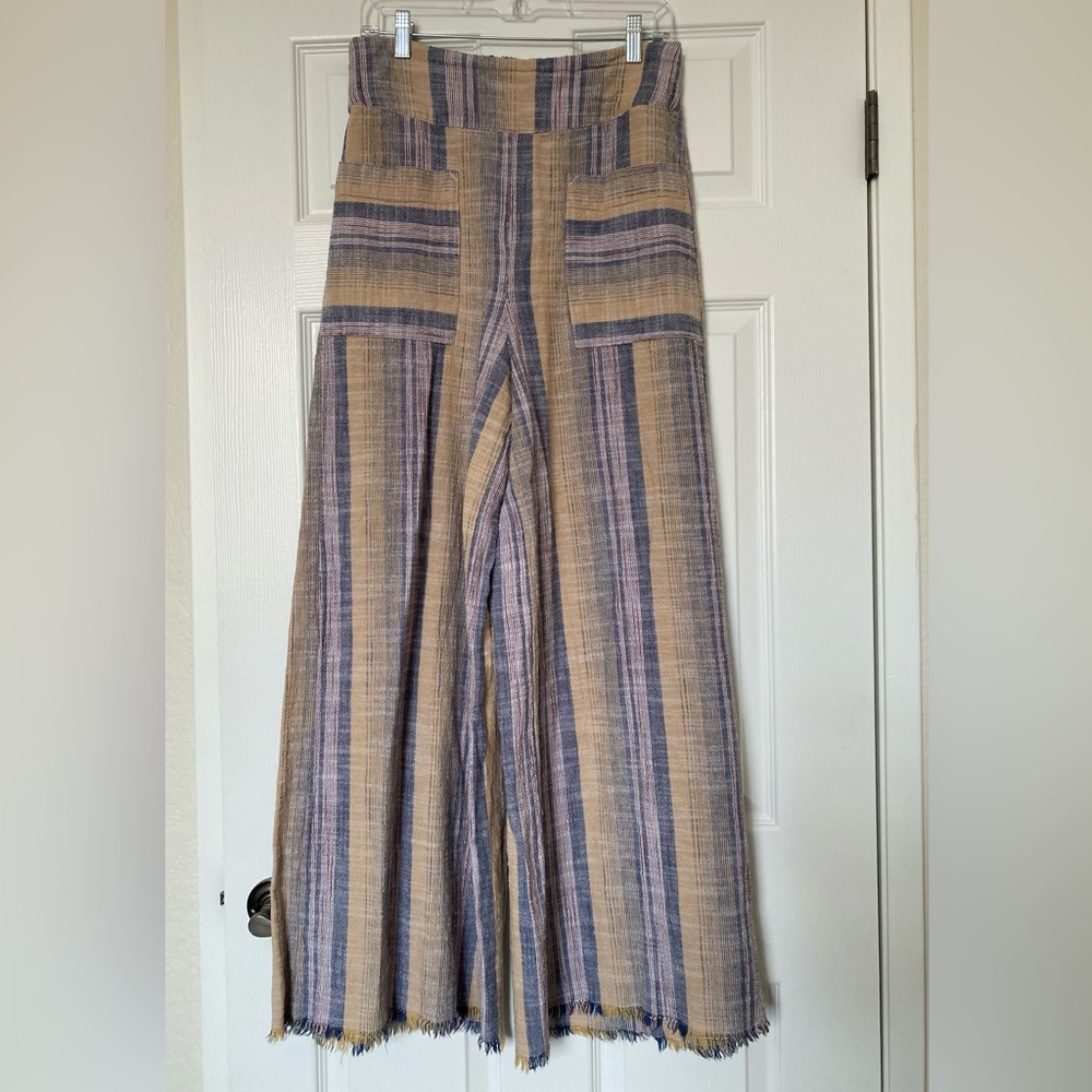 Free People Moonlight Linen Striped High Wasted Pull-On Wide Leg Pants L
